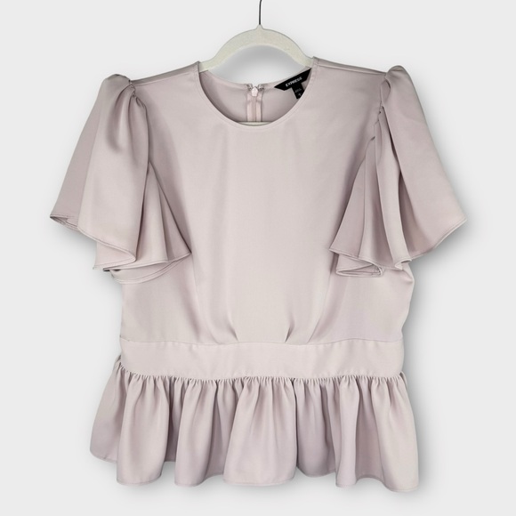 Express Women's Light Pink Peplum Blouse L Flutter Sleeve Puff Sleeve Romantic - Picture 1 of 7